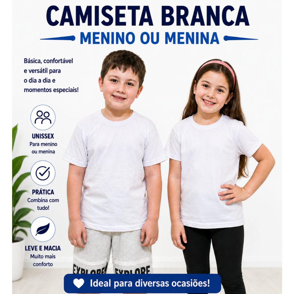 Camiseta Infantil Branca Lisa Unissex Sublimação 65% Poliéster 35% Viscose Malha Fria Menino Menina Escolar 4 a 10
