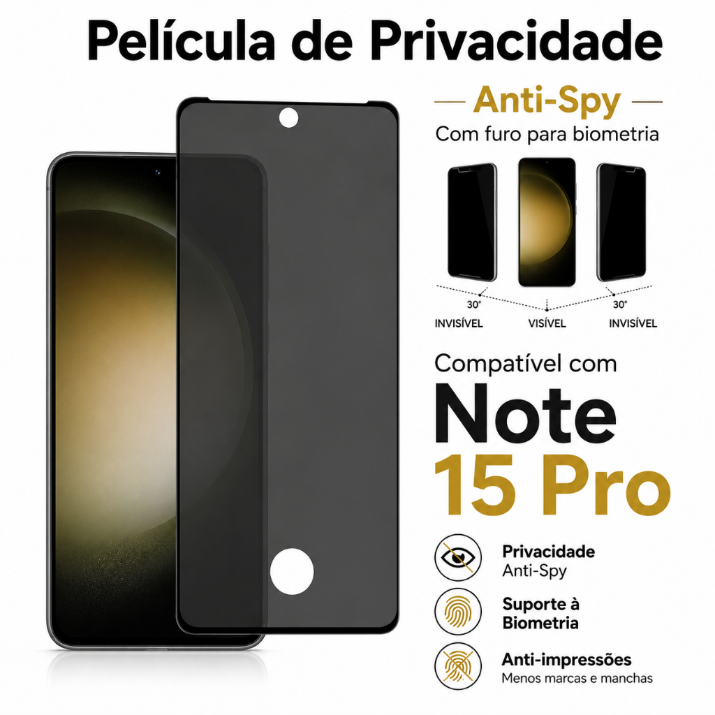 Película de Vidro 3D Privacidade Anti Spy com Furo para Xiaomi Redmi Note 15 Pro 5G