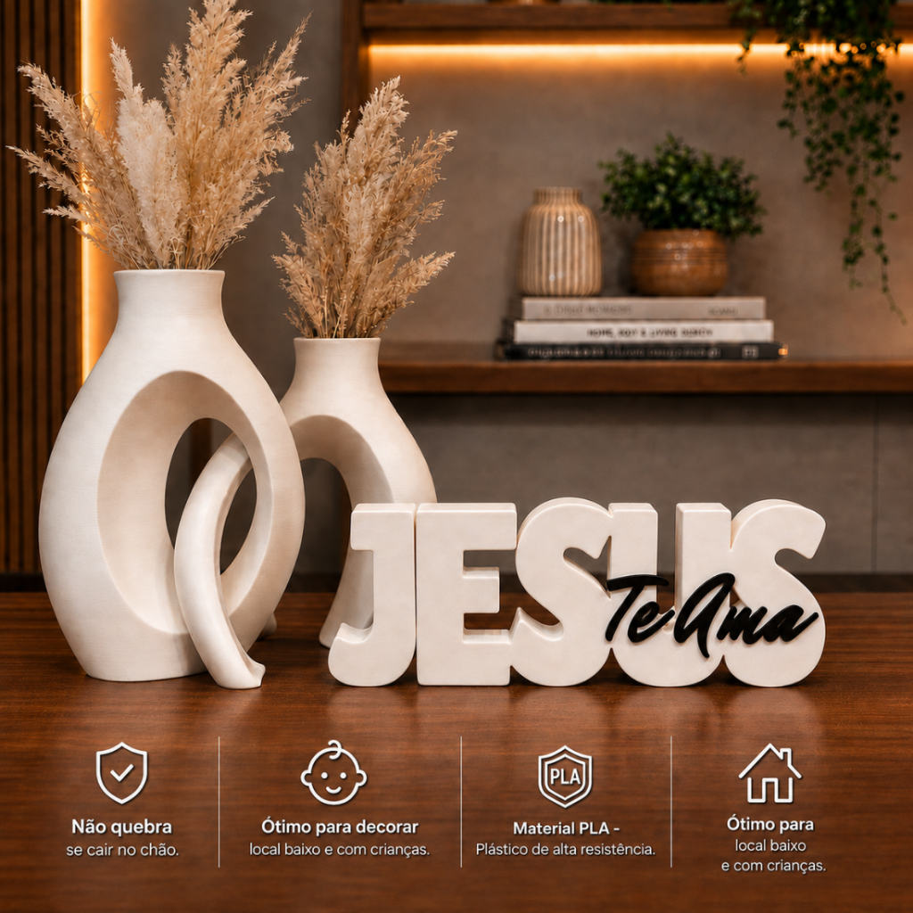 Kit Vaso Duplo Decorativo + Nome Jesus Te Ama | Decoração Sala Aparador Mesa Enfeite Cristão Minimalista