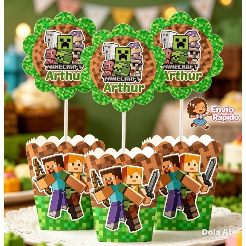 kit  Centro de Mesa Personalizado Caixa Cachepot Minecraft Cachepô Enfeite Arranjo