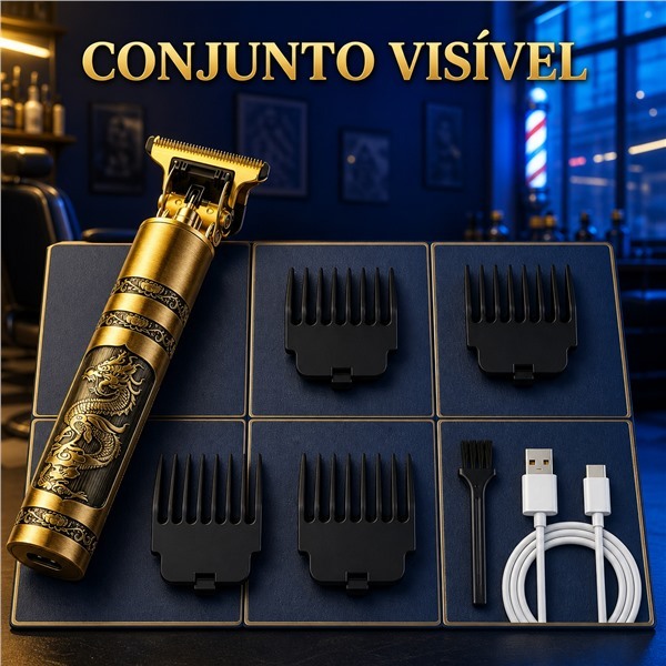 Maquininha De Cortar Cabelo Profissional Dragão Trimmer Barbeador Elétrico T-Blade Kit Completo Sem Fio Recarregável USB
