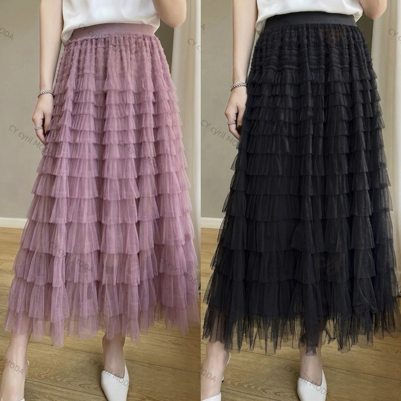 Saia Midi Longa Plissada com Camadas de Babados - Várias Cores-modas feminina