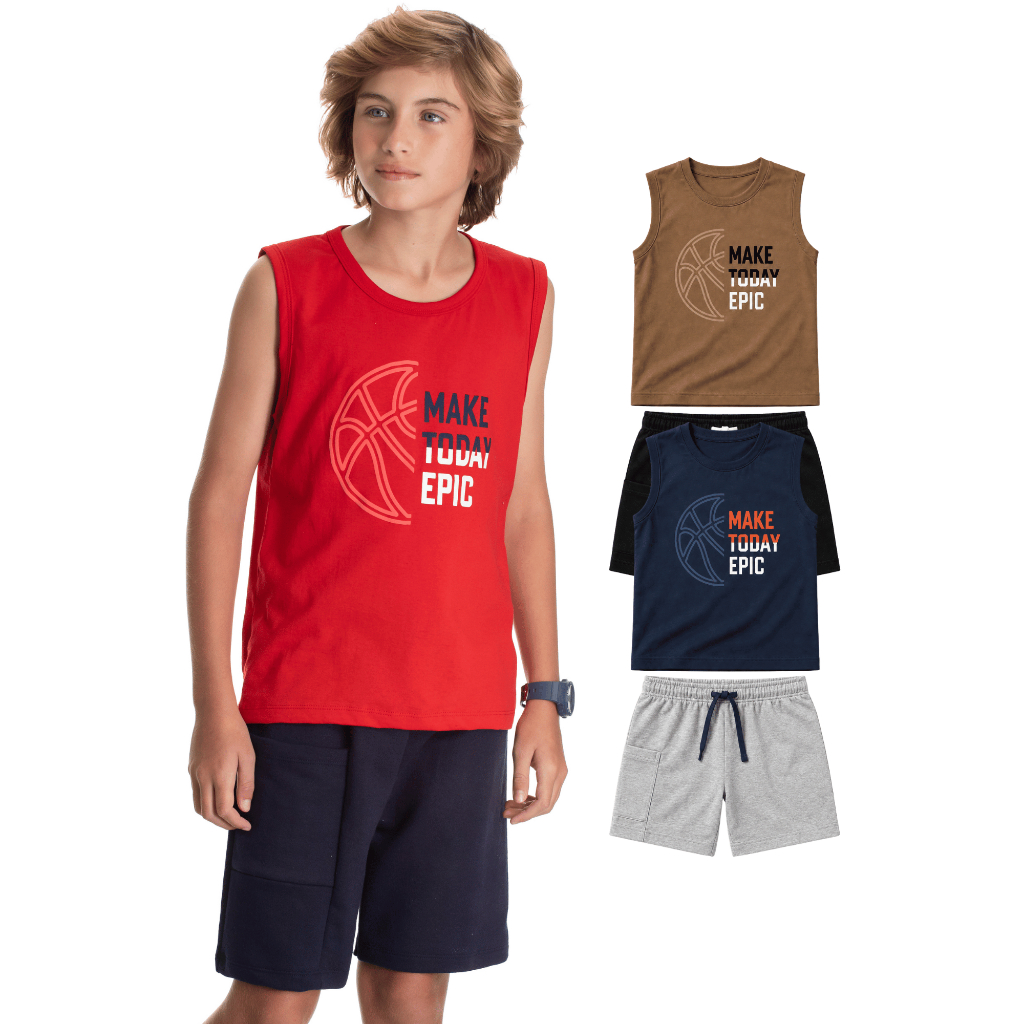 Conjunto Infantil Juvenil Masculino Regata de Algodão Bermuda de Moletinho Bolso Lateral 10 12 14