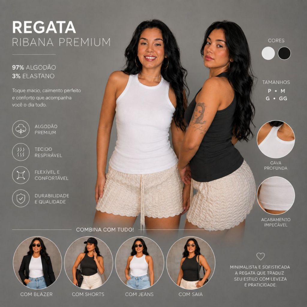 Regata Feminina Ribana Viscose Elastano Básica Confortável Leve Ajustada Moda Verão Casual Promoção Barata