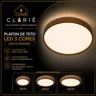 Plafon de Teto LED 3 Cores Efeito Madeira Diâmetros 30 40 50cm