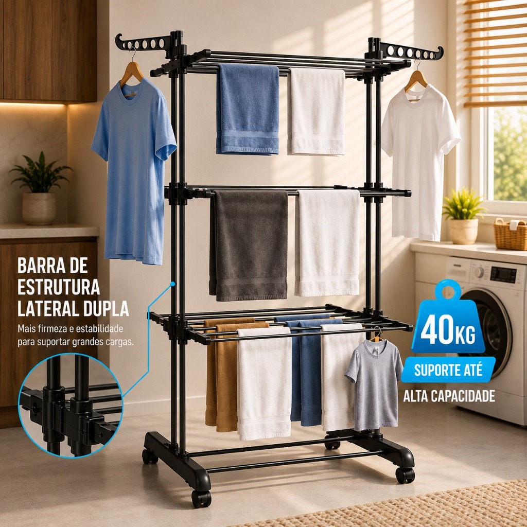 Varal de Chão vertical Dobrável 3 Andares c/ Rodinhas Aço Reforçado Abas Laterais e Suporte Cabides