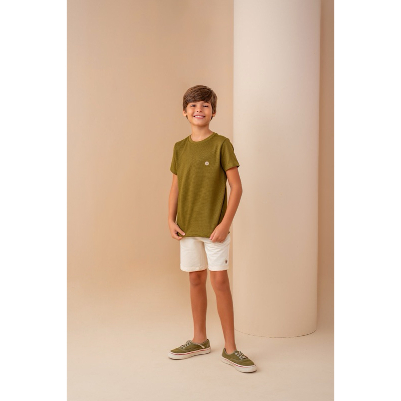 ⁠Conjunto Infantil Masculino Menino Roupa de Verão Camiseta Verde Oliva e Short Moletinho Barato⁠