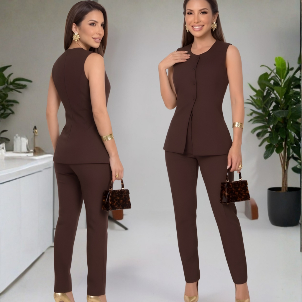 Conjunto Feminino Colete Longo Alfaiataria Calça Skinny  cintura alta Social Moda Executiva