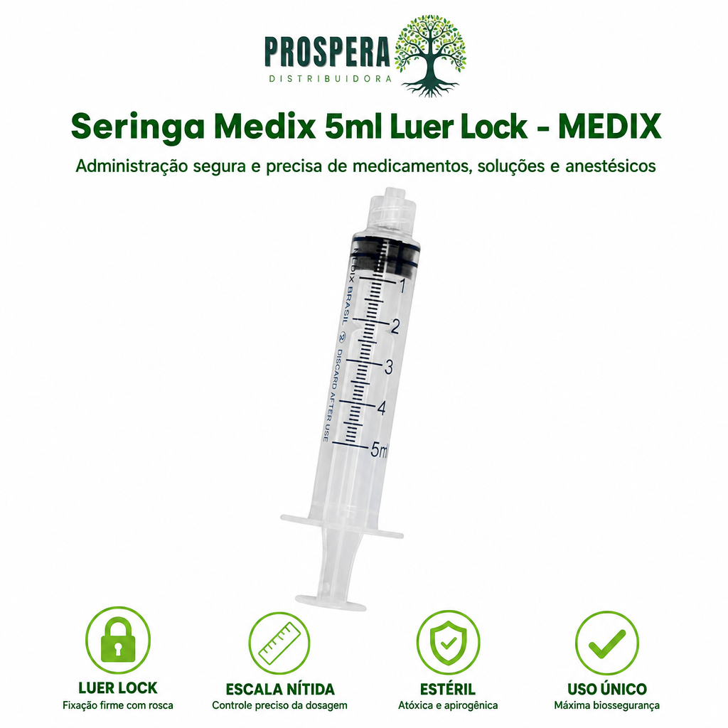 Seringa Descartável 5ml Luer Lock Sem Agulha Medix - KIT C/ 50, 100, 300 unidades