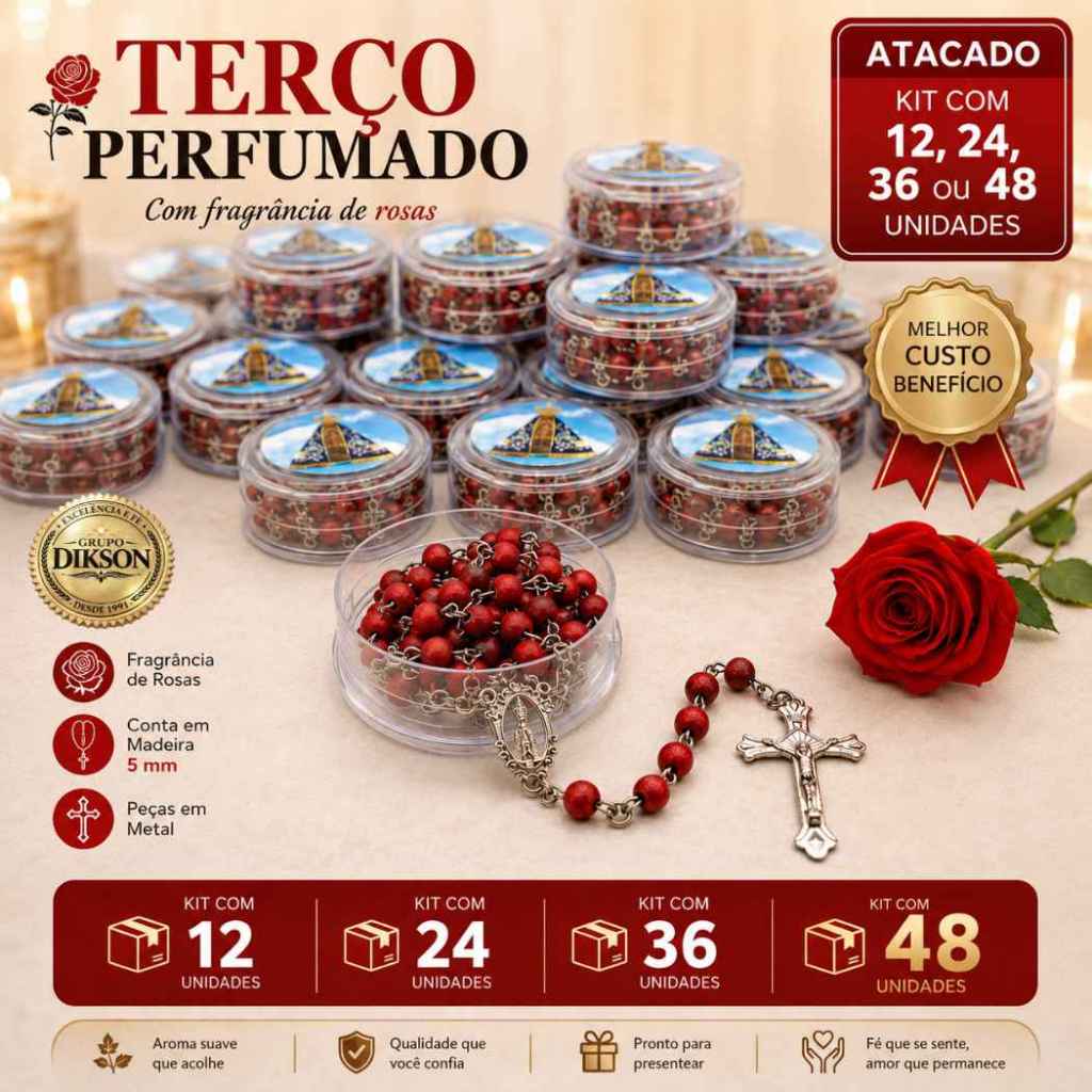 Kit Terço Perfumado Rosas N.S. Aparecida 1° Eucaristia Comunhão Crisma Batizado 12 24 36 48 unidades