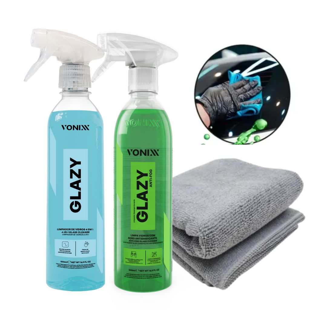 Kit Glazy Antifog Anti Embaçante + Glazy Limpa Vidros Anti Riscos 500ml Vonixx Original