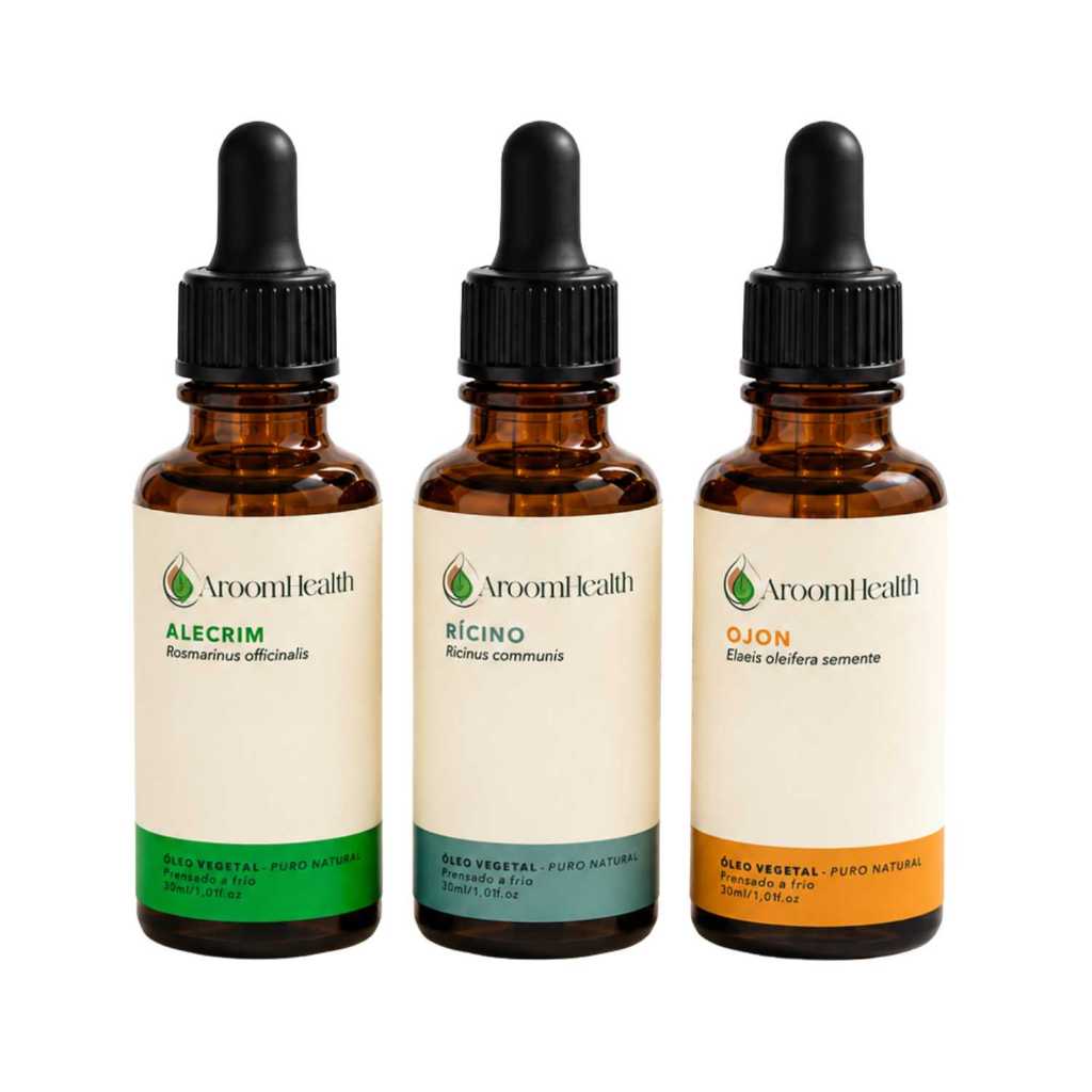 Kit de óleos vegetais puros de Alecrim, semente de Ojon e Rícino 30 ml cada Cabelo e Pele