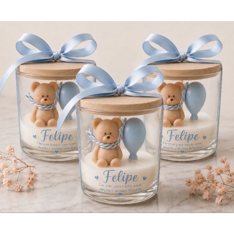 Kit 10 Velas Aromáticas Personalizadas Ursinho com Balão Lembrancinha Maternidade