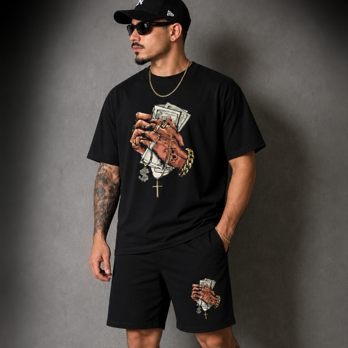 Conjunto Masculino Camiseta + Bermuda Preta Estampada Mão Money Varias Cores Moda Masculina Lançamento