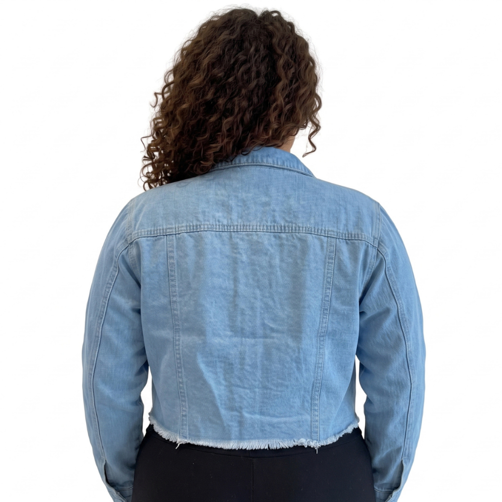Jaqueta Jeans Cropped Plus Size Feminina Destroyed Rasgada barra desfiada — imagem 2 de 2