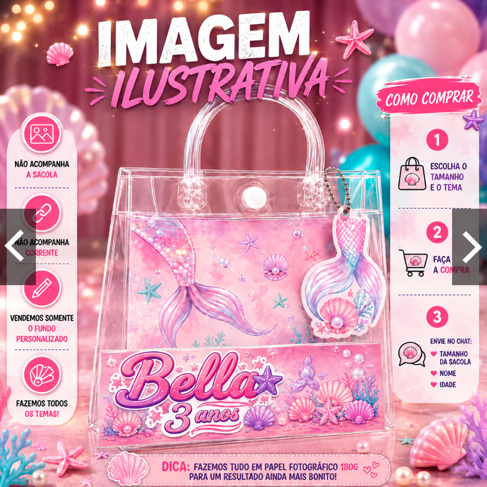 Fundo para sacola transparente + tag e adesivo com nome  TEMA SEREIA- FAZEMOS TODOS OS TEMAS
