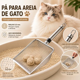 Pá Peneira De Areia Coletora Higiênica Pet Gato Cachorro Lagarto Aço Inox Malha de 5 mm - Caixa De Areia
