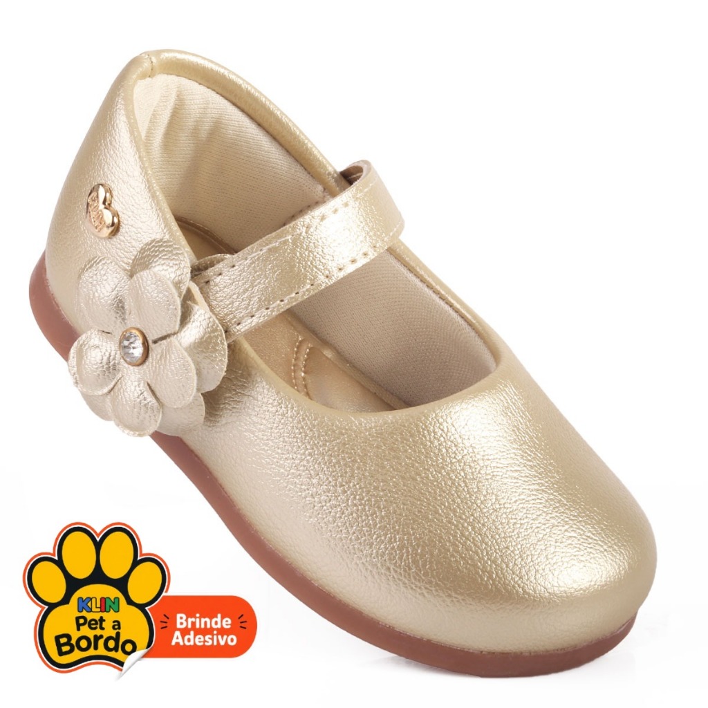 Sapatilha Infantil Menina Klin Princesa Mini Anatômica Com Aplique de Flor - Dourado Perolado
