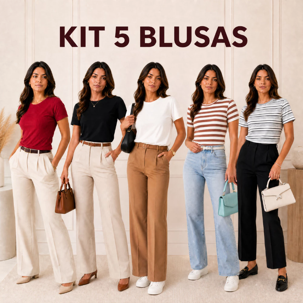 Kit 5 Blusas Femininas  Ribana Canelado Manga Curta Básica Casual Lisa Gola Redonda Confortável Moda — imagem 1
