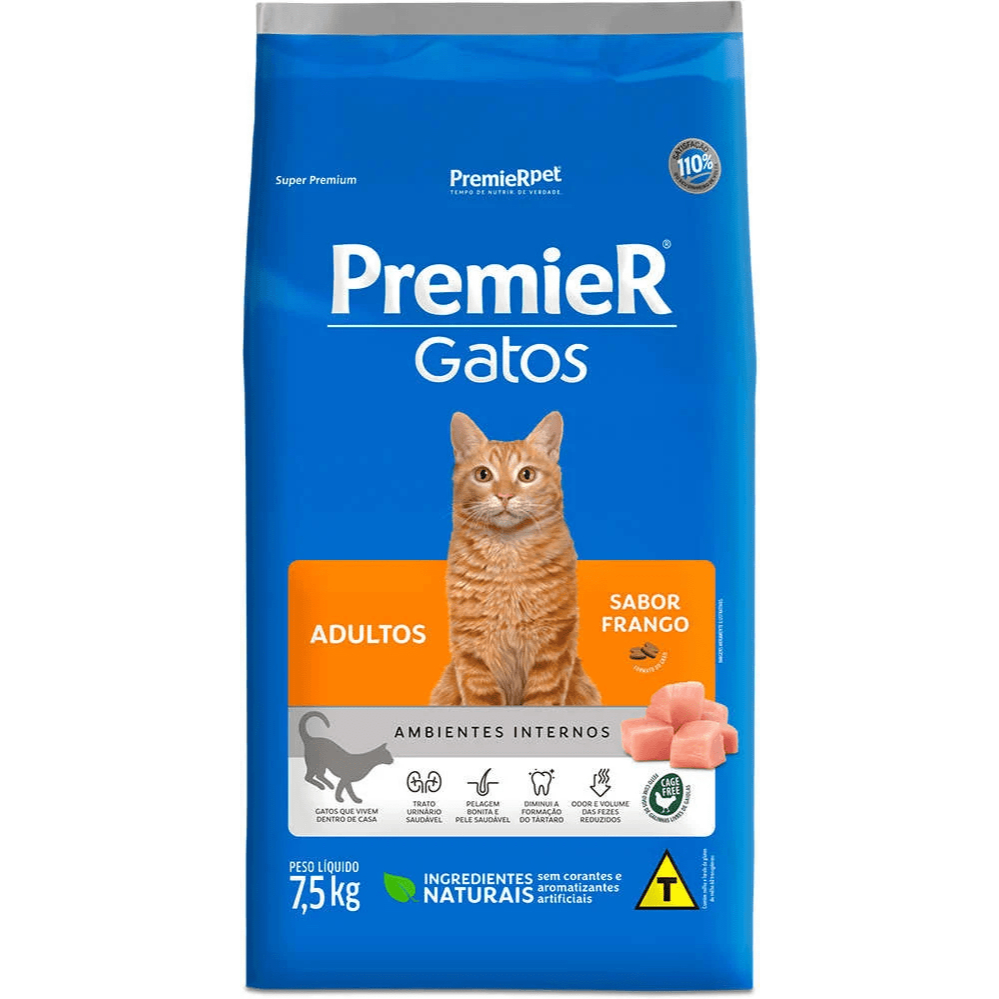 Ração Premier Gato Adultos Ambientes Internos Frango 7,5 kg