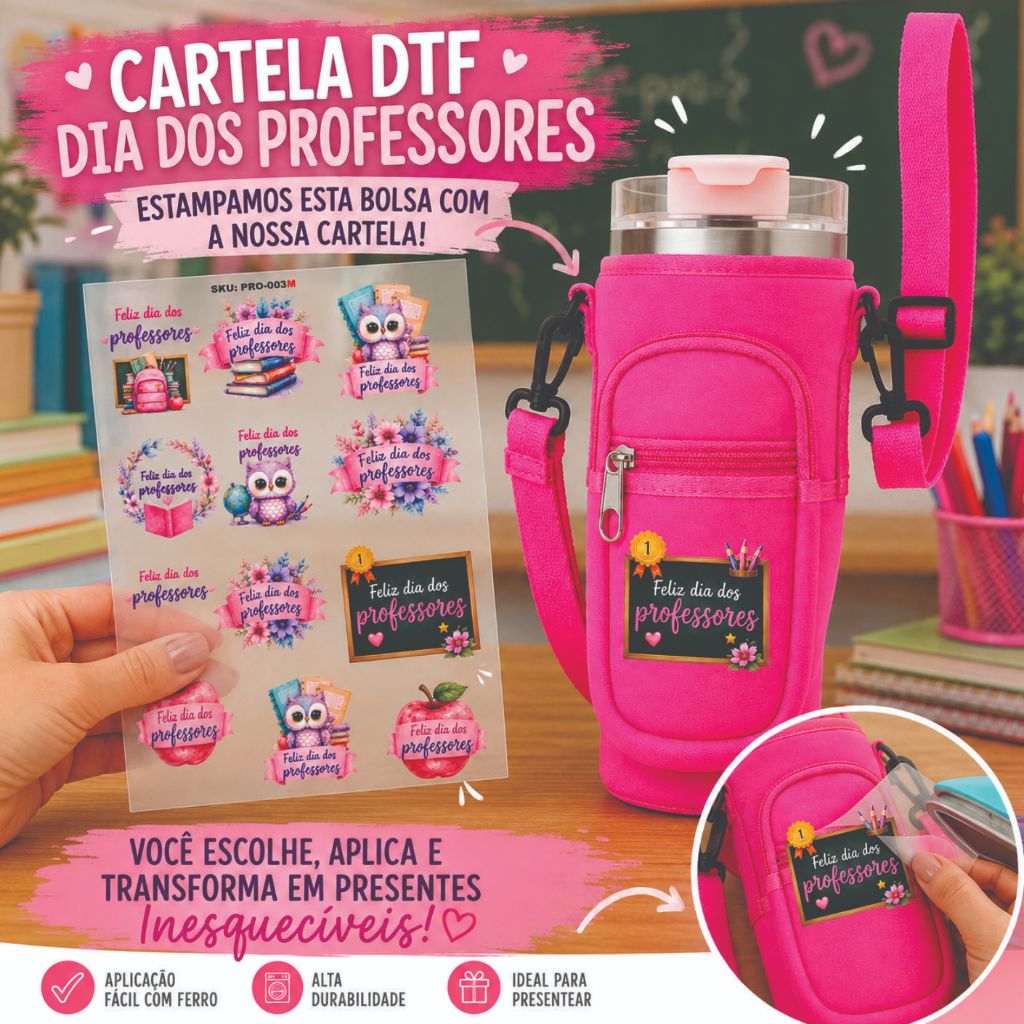 DTF têxtil Dia dos Professores personalize porta joias necessaire toalhinhas aplique professora