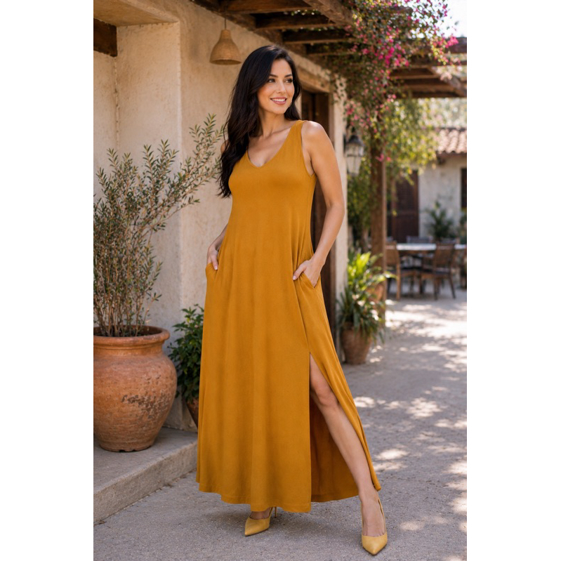 Vestido Longo Regatão Com Bolso Moda Feminino Viscolaycra