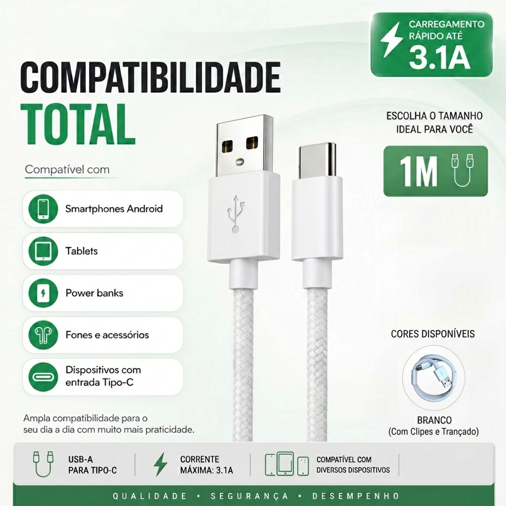 Cabo USB Tipo-C Trançado Reforçado - Carregamento Turbo Rápido para Celular