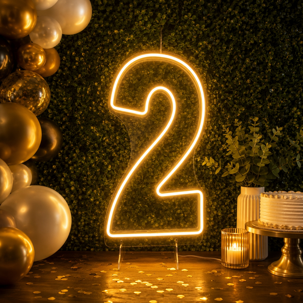 Número em Neon LED de 0 a 9 Acrílico 50cm Altura com base Branco Quente para Festa Aniversário Evento