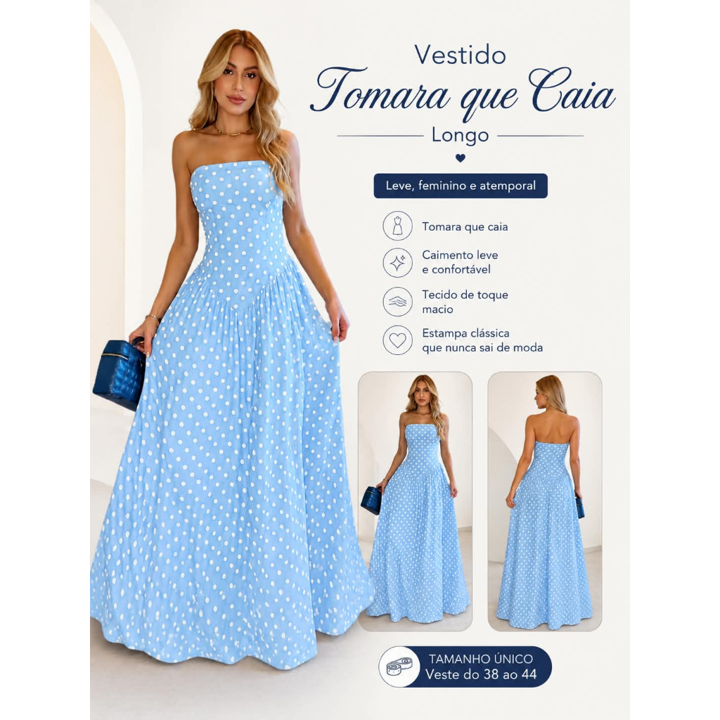 Vestido Feminino Longo Poa Bolinhas Elegante costas lastex