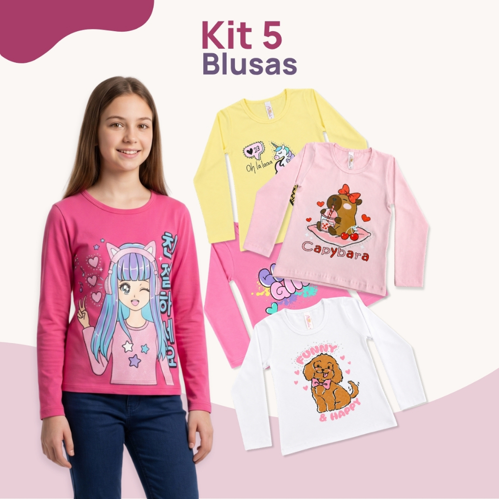 Kit 5 Blusas Manga Longa Infantil Menina Algodão Camiseta Estampadas Strass Escolar Outono Inverno