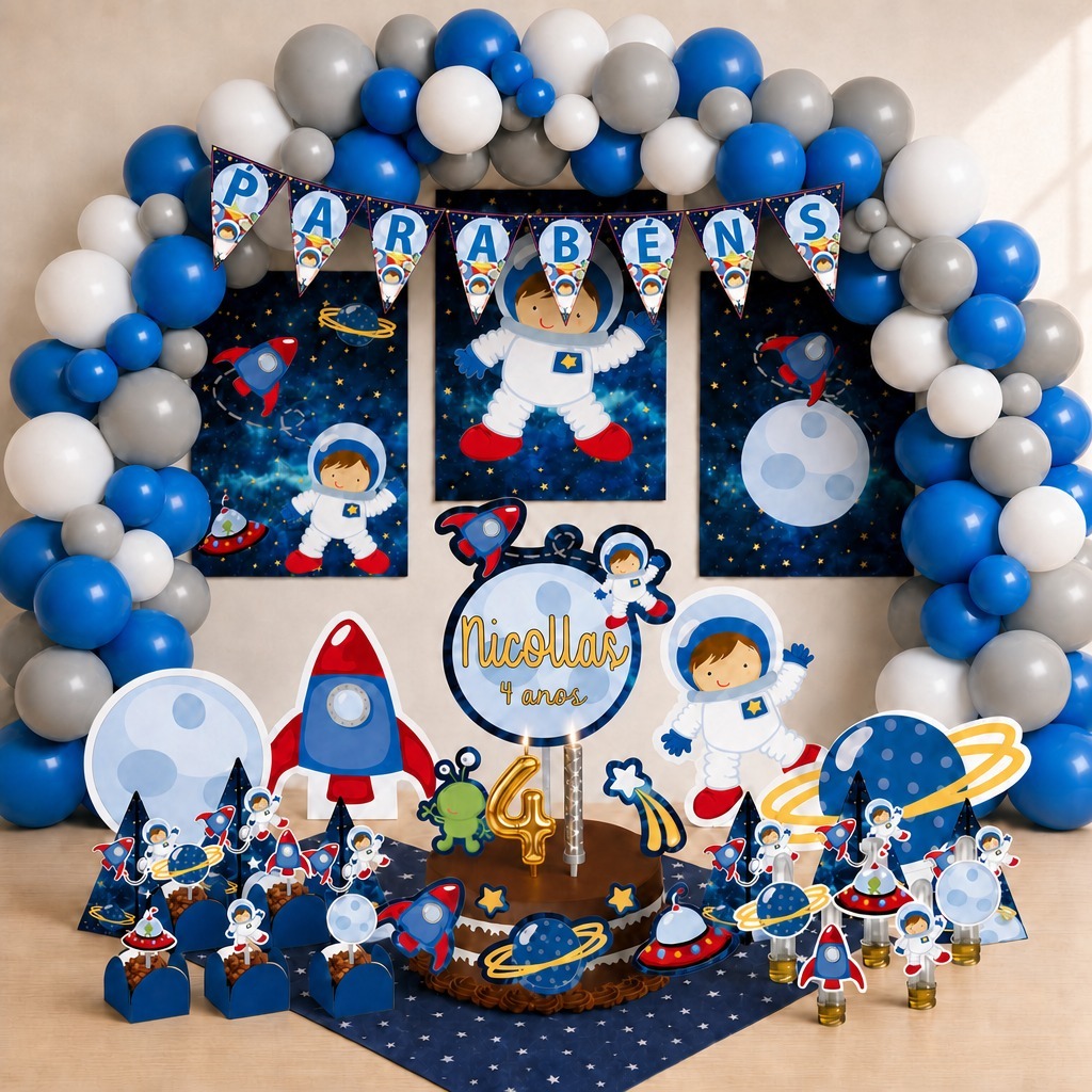 Kit Festa Mesversário Astronauta Foguete Espaço Personalizado 78 Itens Decoração Completa Menino Bebê Lembrancinhas