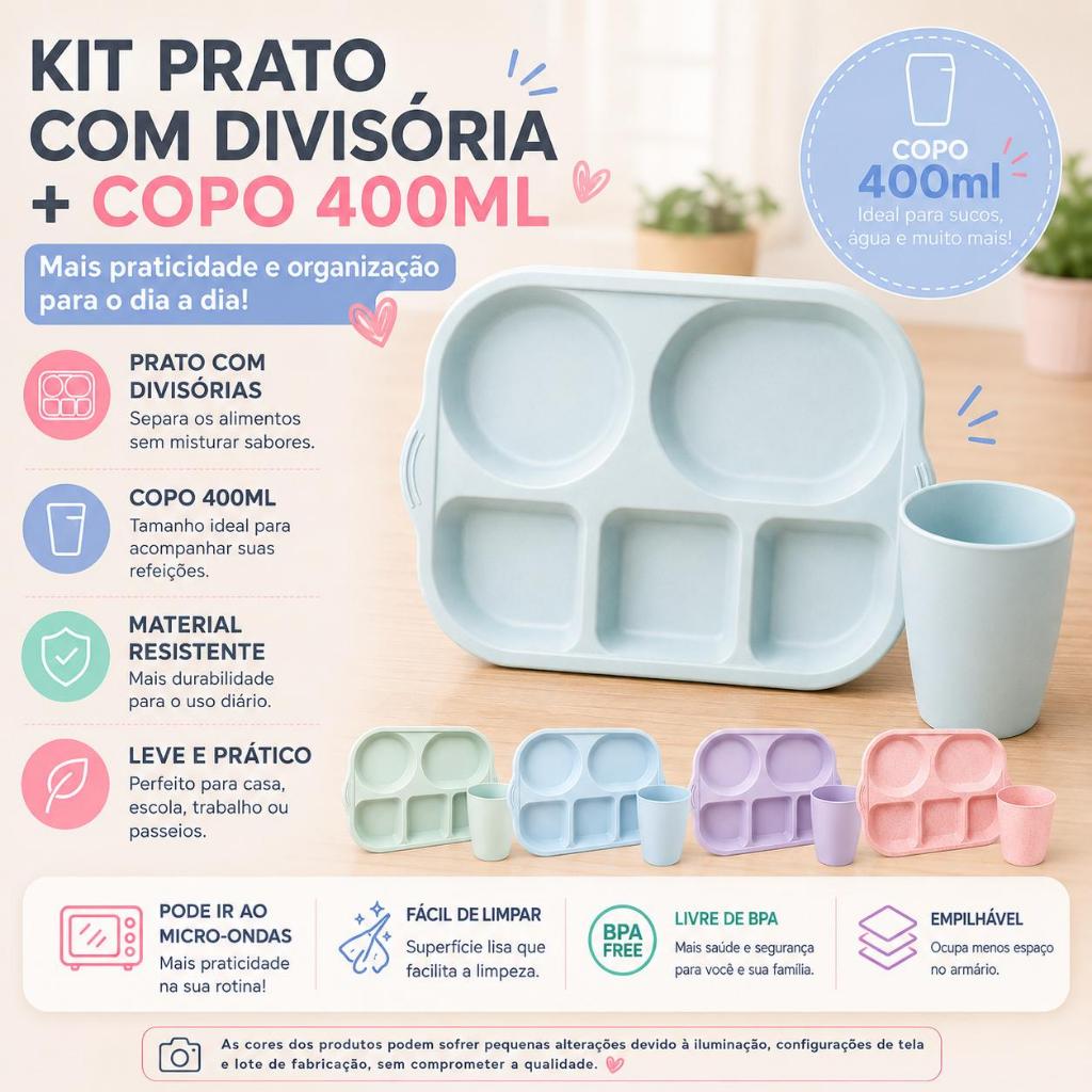 Kit Prato com Divisórias + Copo 400ml | Refeição - Infantil | Livre de BPA | Vai ao Micro-ondas
