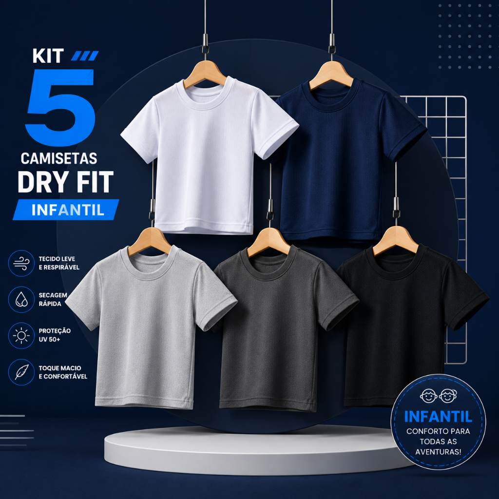 Kit 5 Camisetas Dry Fit Infantil Unissex – Secagem Rápida e Conforto