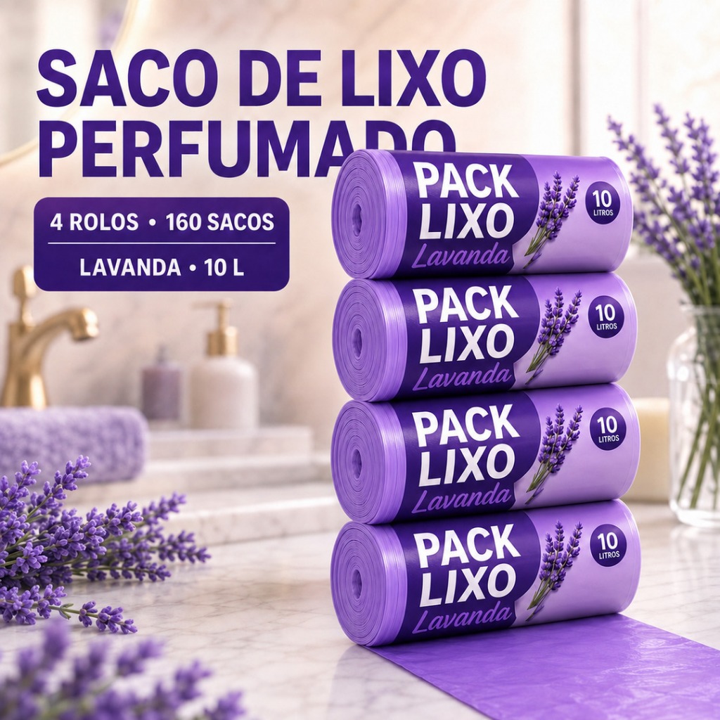 kit 2 ou 4 Rolos Saco de Lixo Perfumado Lavanda 160 Sacos 34x38cm Resistente Antiodor Pia Banheiro Cozinha