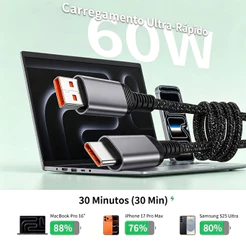 Cabo USB para Tipo‑C 1 Metro Trançado Preto e Branco Carregamento Rápido
