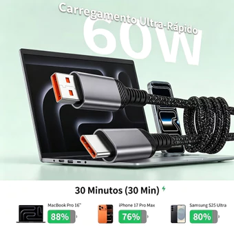 Cabo USB para Tipo‑C 1 Metro Trançado Preto e Branco Carregamento Rápido