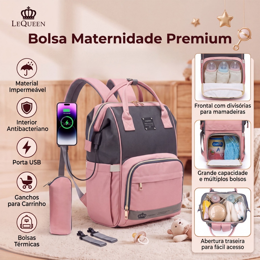 Mochila Bolsa Maternidade Bebê Lequeen Porta Mamadeira Térmico