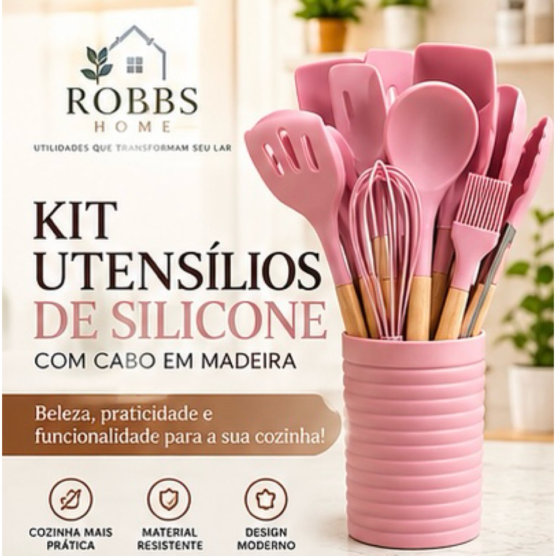 Kit Utensílios de Cozinha 12 Peças em Silicone com Cabo de Madeira e Porta Utensílios – Resistente ao Calor