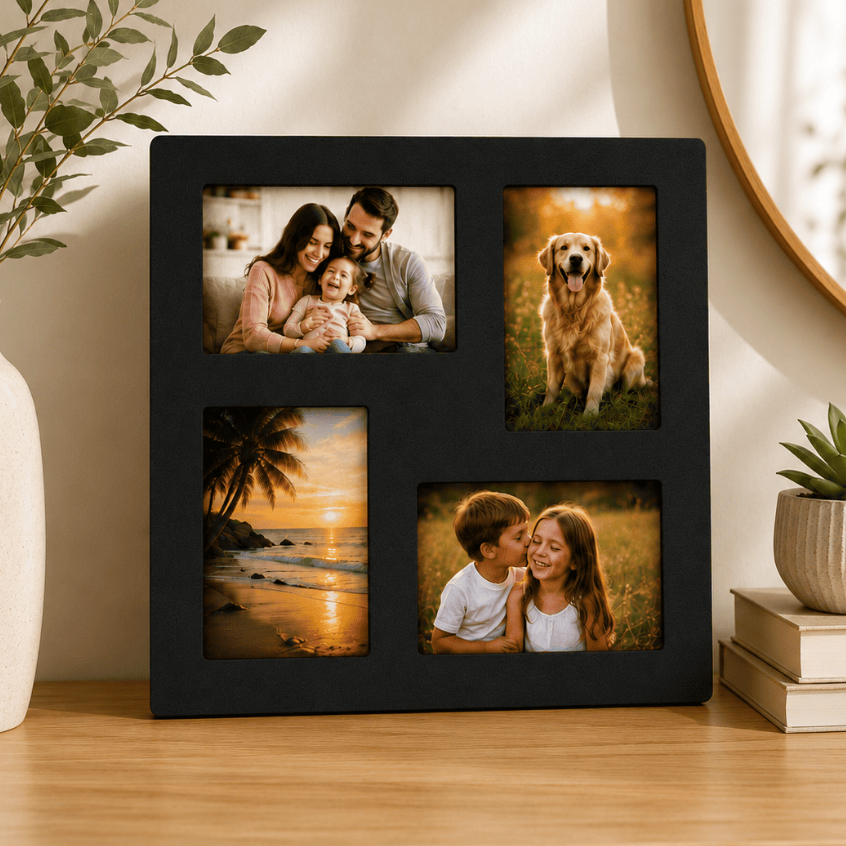 Porta Retrato Decorativo 4 Fotos MDF Preto Quadro Mural 32x32cm