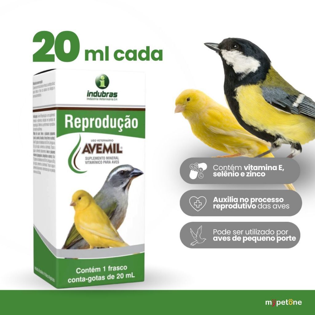 Avemil Reprodução 20ml Indubras Suplemento Vitamínico Pássaros e Aves