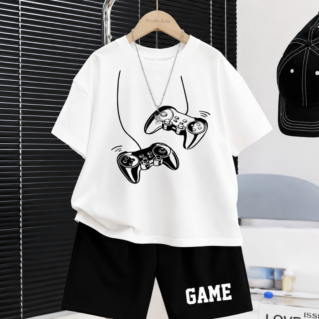 Conjunto Infantil Menino Gamer Camiseta Videogame Controle + Bermuda Moletinho Roupa Infantil Casual Confortável