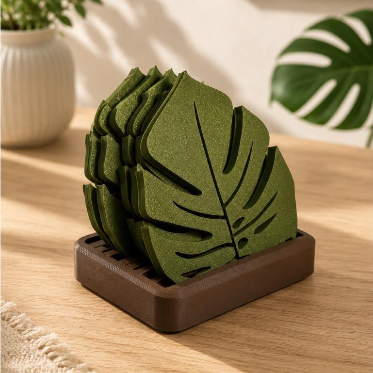 Conjunto de Porta-Copos Decorativo de Folha de Monstera Costela-de-adão com Suporte
