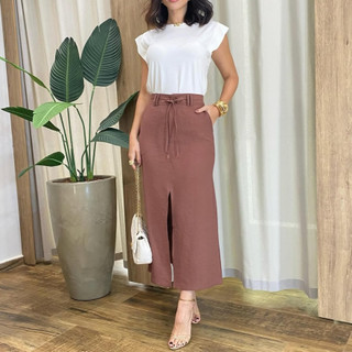Saia feminina  Midi fenda frontal , com laço fino, social,  elegante