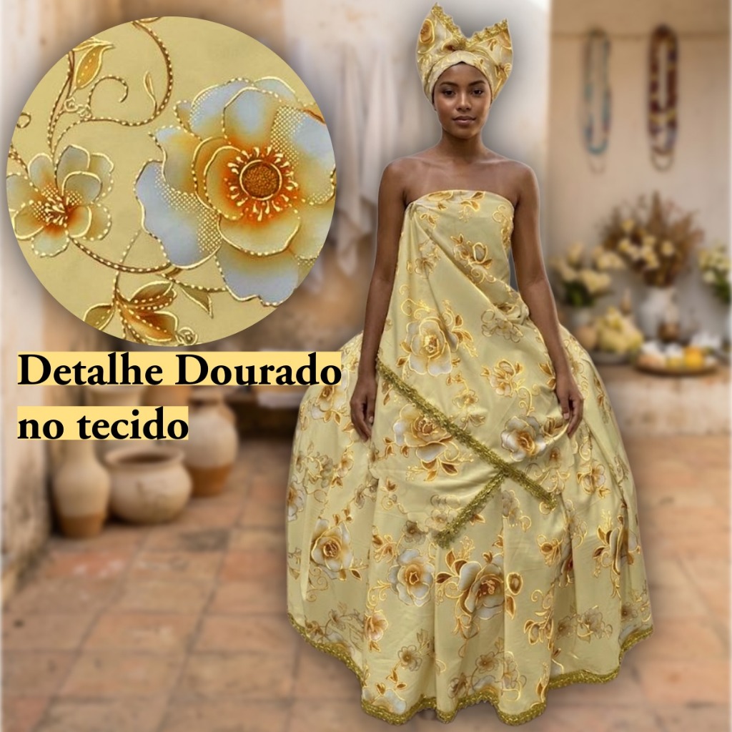 Baiana Oxum Dourada 3 peças Candomblé Umbanda Orixá Axé Saia Pano da Costa Pano de Cabeça