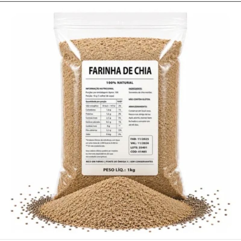 Chia 100g Farinha Natural| Fonte de Fibras e Ômega 3 | Ajuda no Intestino e Emagrecimento Saudável