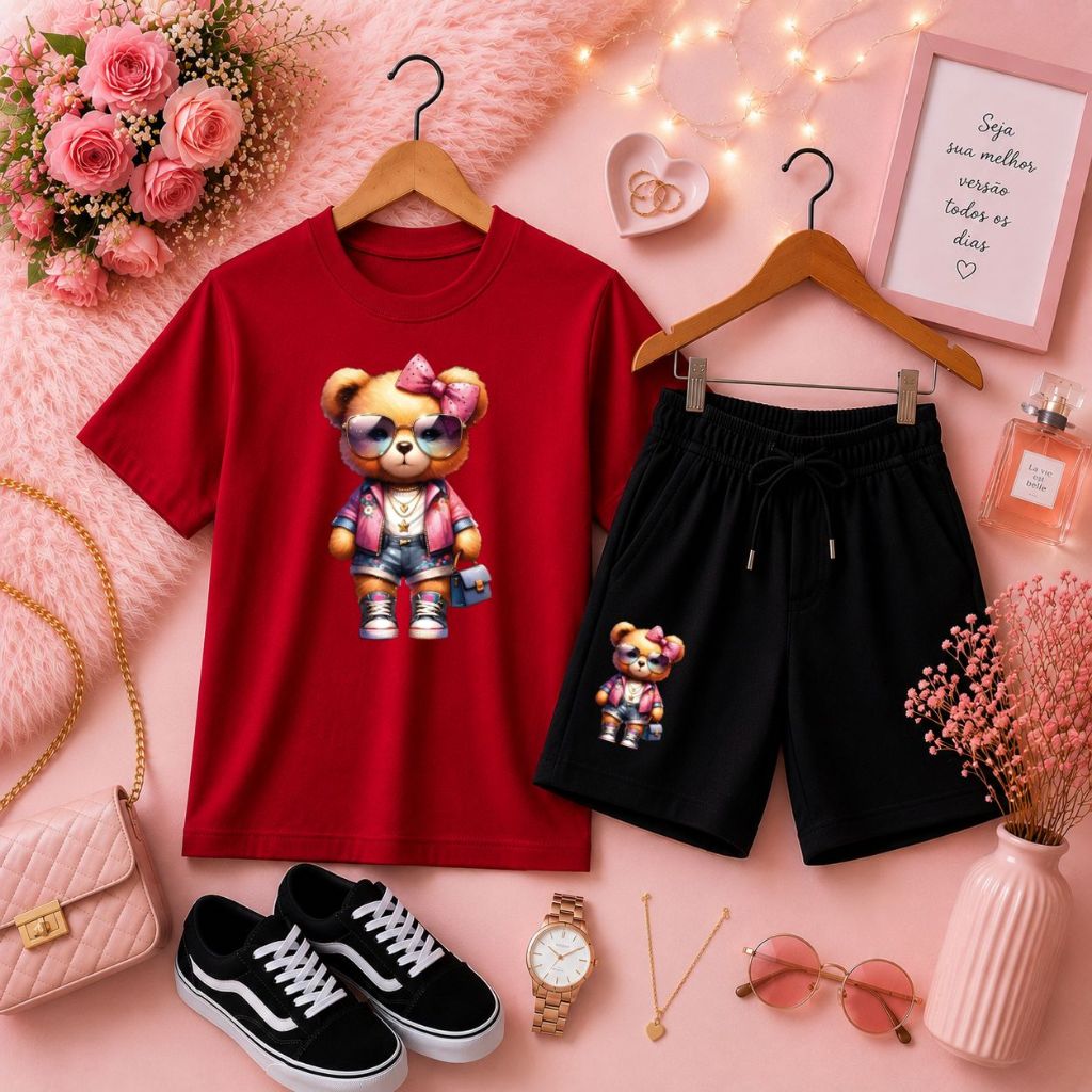 Conjunto Menina Infantil Super Estiloso Camiseta Básica + Short Moletom Look Moderno Estampa Ursa Descolada Fofa