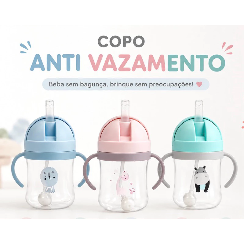 Copo de Treinamento Infantil para o Bebê Transição Anti Vazamento com Canudo e Alça 250ml