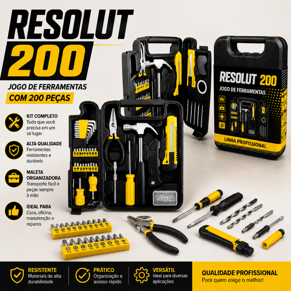 Maleta Kit de Ferramentas RESOLUT™ 200 Peças Completa Organizada para Reparos e Manutenção