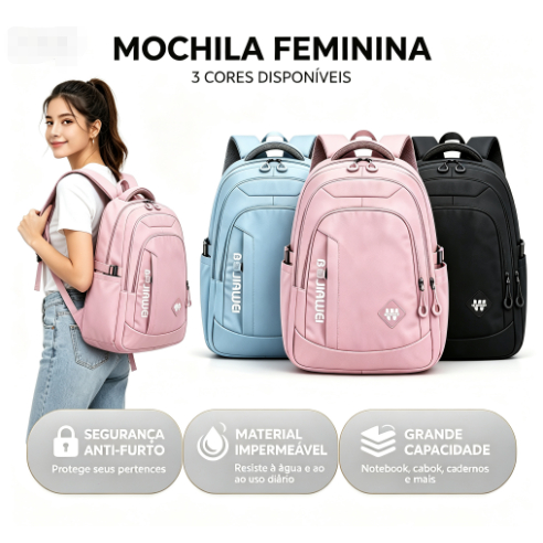 Mochila Feminina Escolar Impermeável Grande Bolsa Feminina Faculdade Trabalho Moda Premium