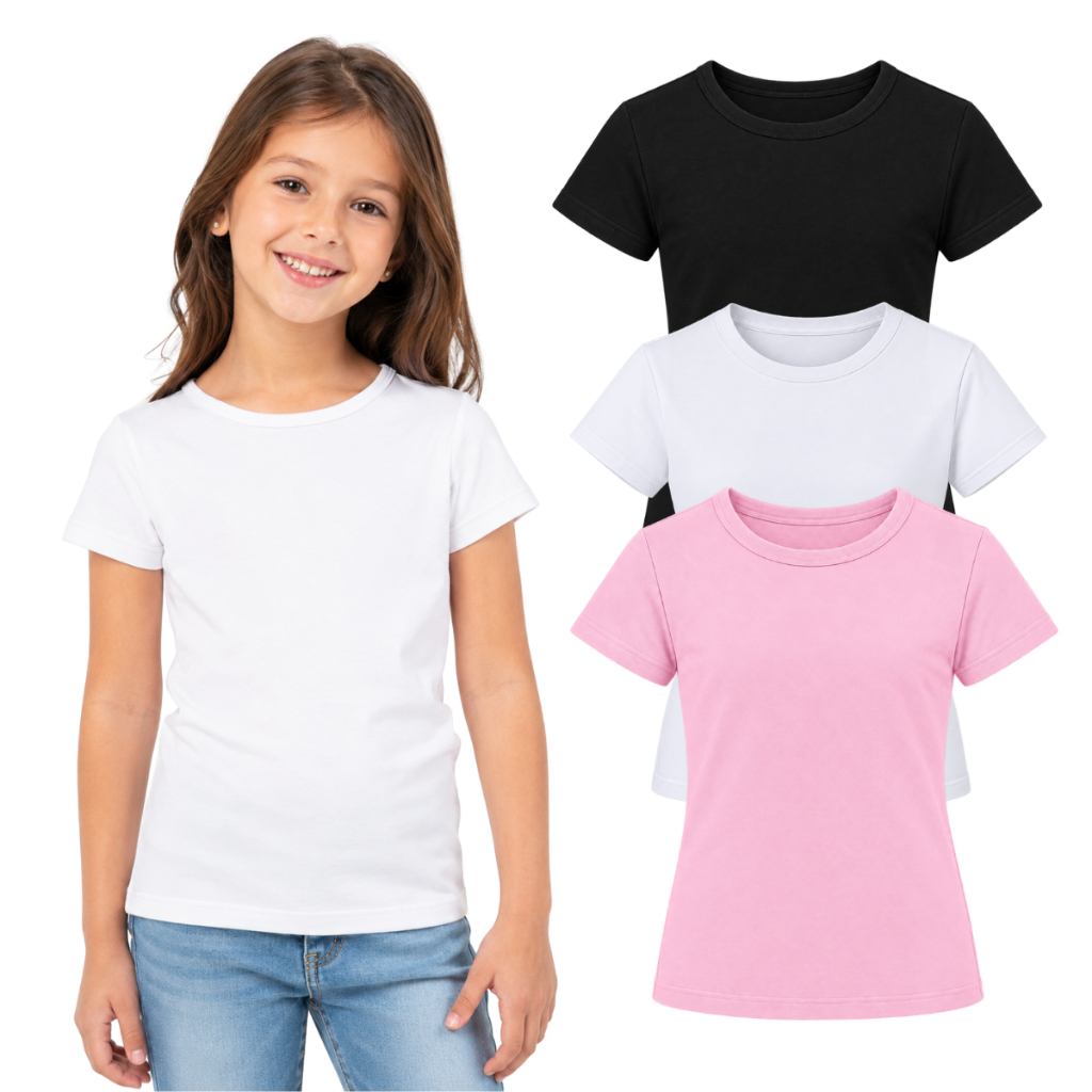 Kit 3 Camisetas Blusas Verão Meninas Básicas Aulas Escolar Algodão Feminina Infantil Casual Calor Look Essencial Juvenil